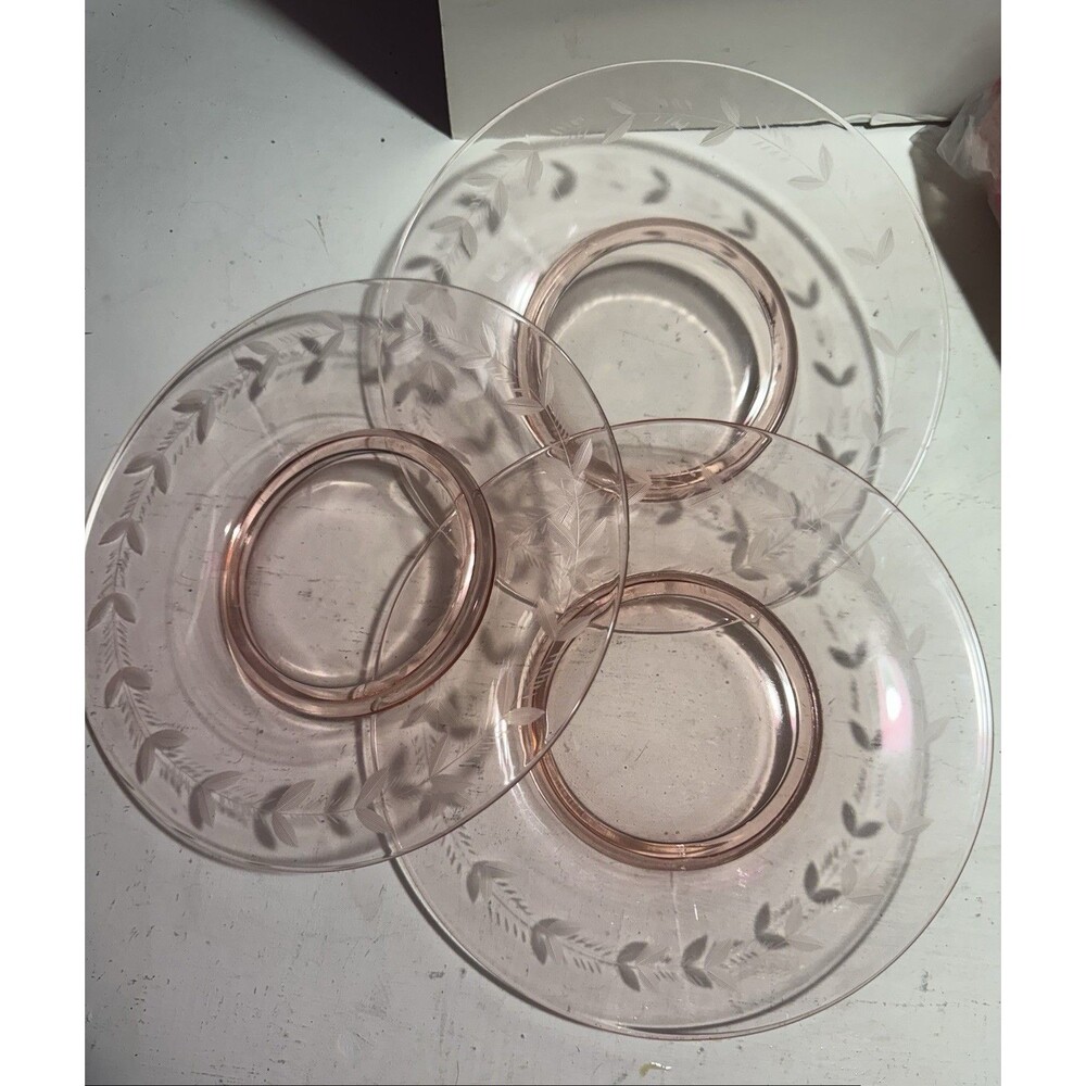 Lot Of 3 Pink Depression Glass Etched 8” Lunch Bread Dessert Plates Laurel